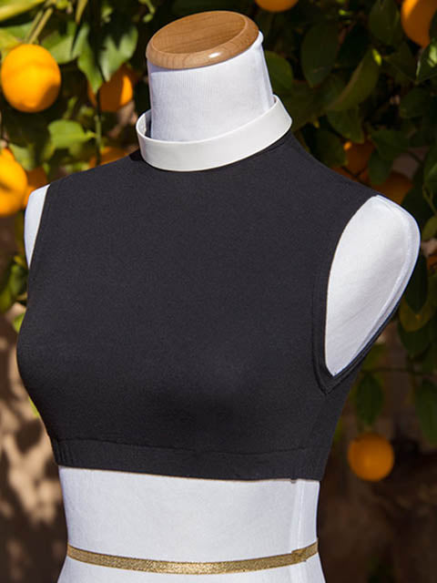clergy crop top in black, round collar, stay in place doesn't shift and show under clothing