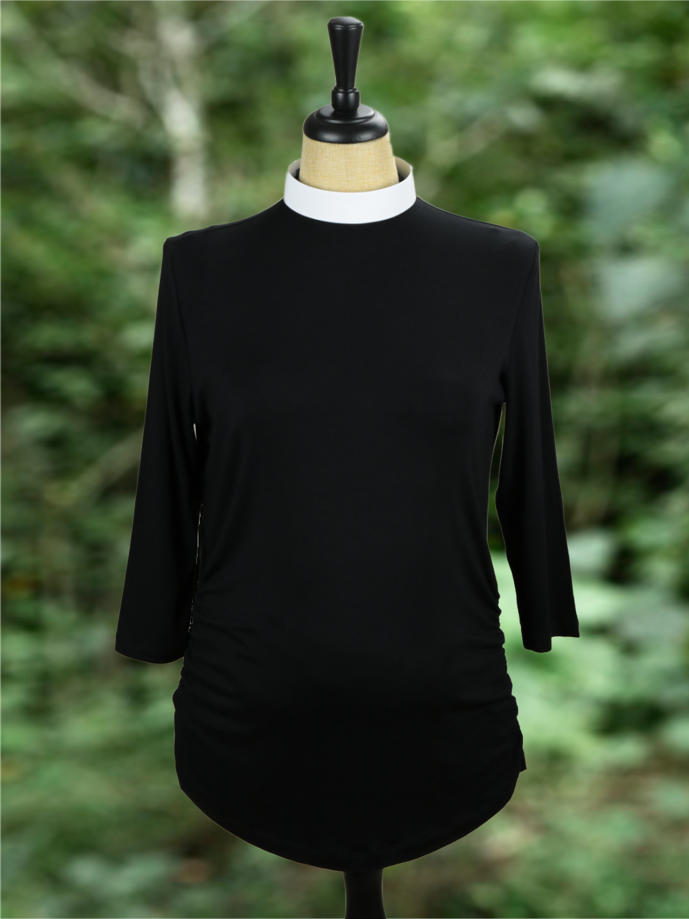 Maternity shirt with round clergy collar ruched sides knit fabric